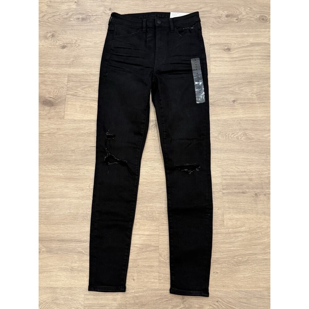 New American Eagle Size 6 Long Hi rise Jegging Super Stretch Distressed Black